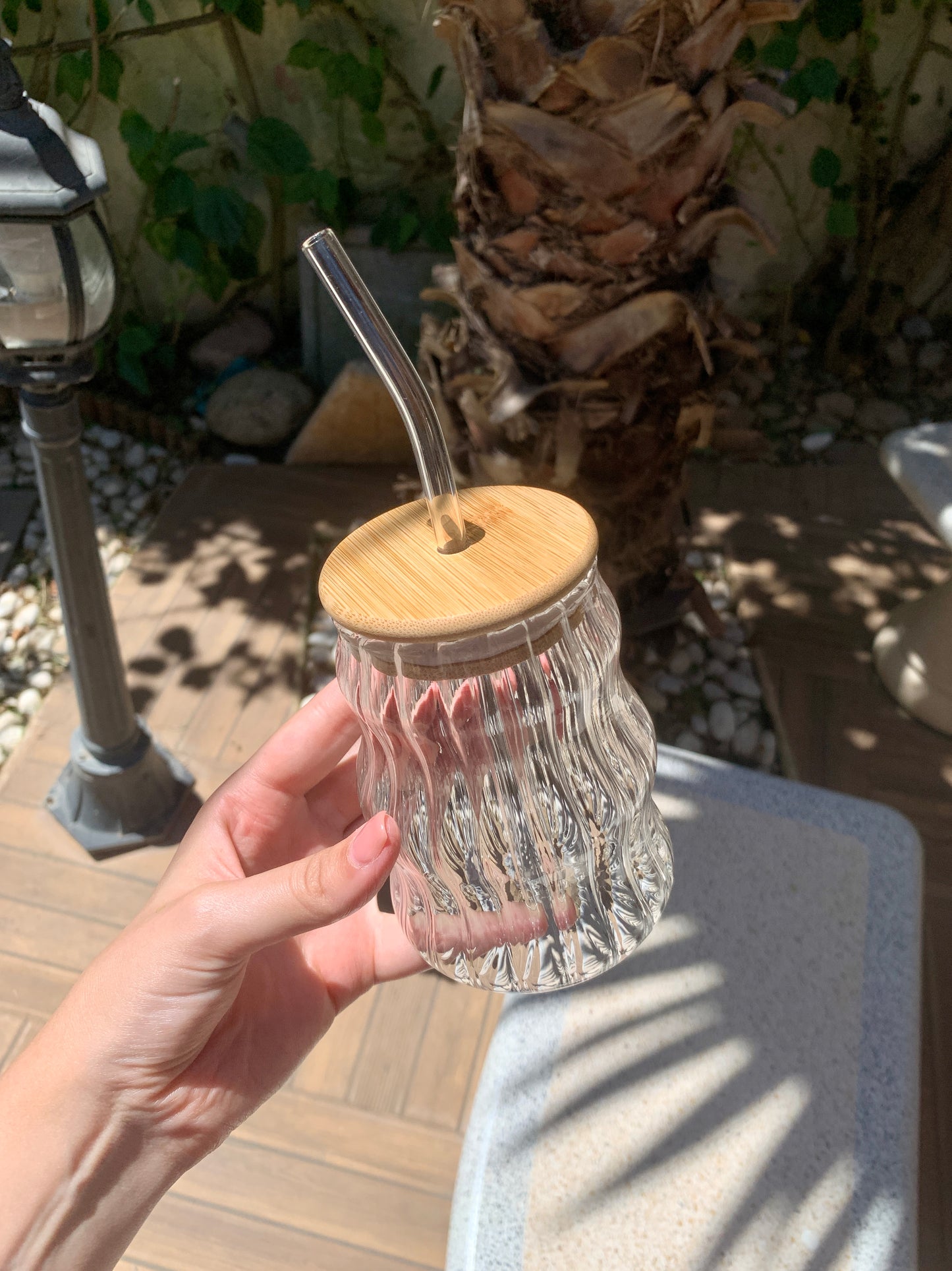 Wavy Glass Tumbler with Bamboo Lid & Glass Straw