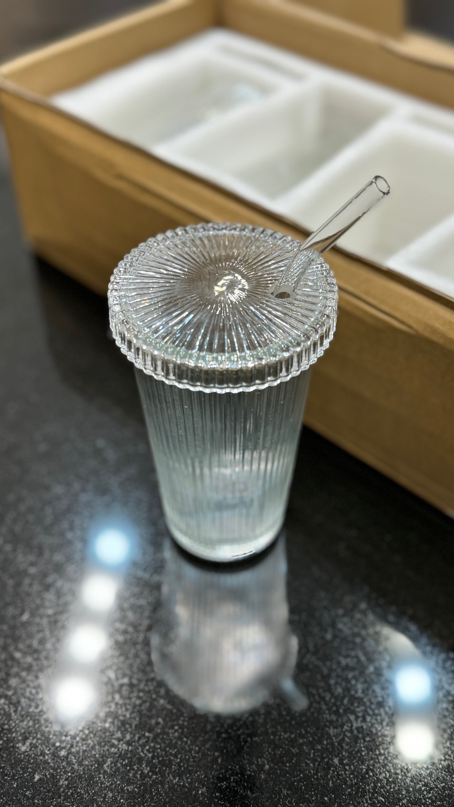 Ribbed Glass Tumbler with Glass Lid & Glass Straw