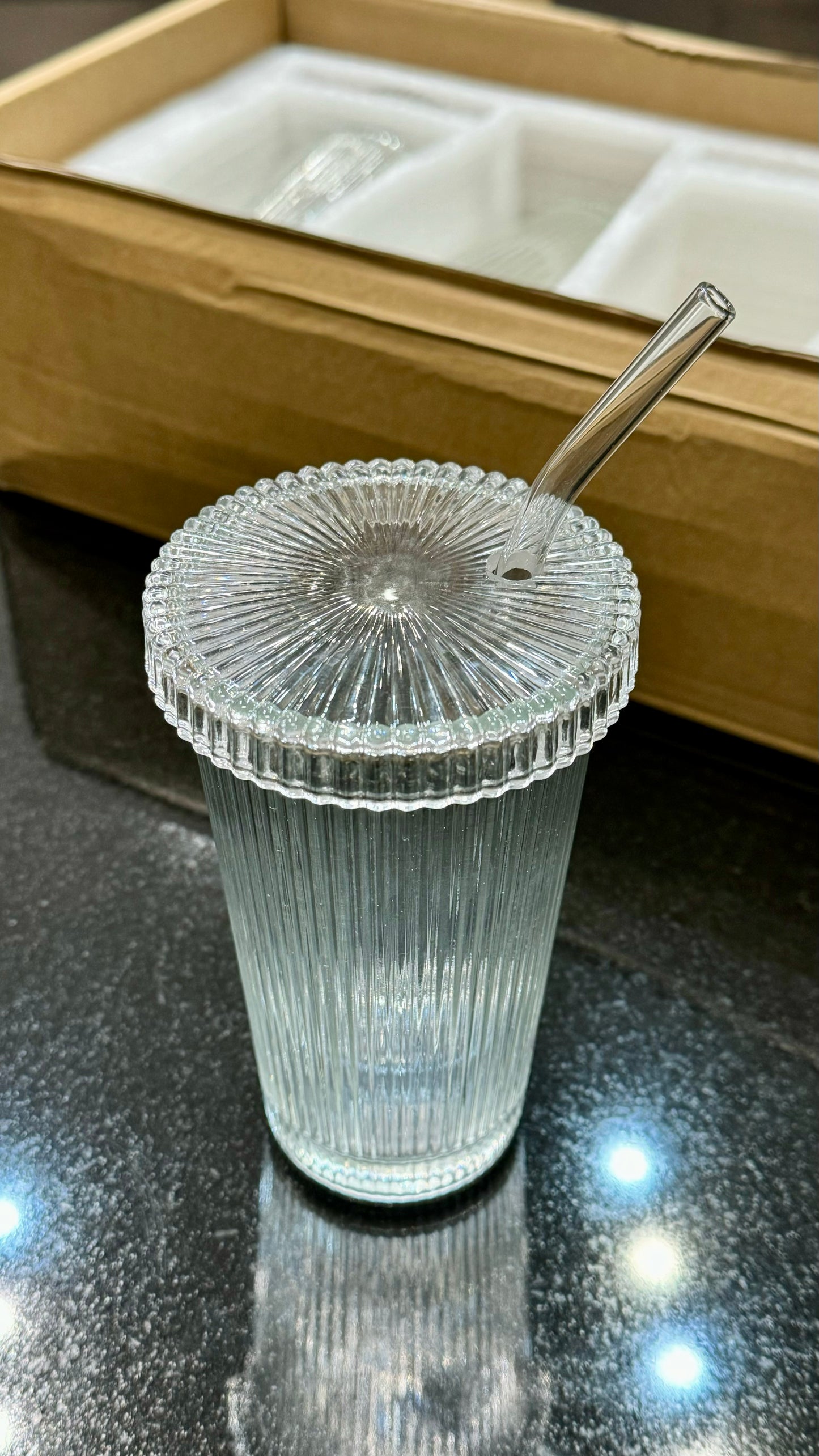 Ribbed Glass Tumbler with Glass Lid & Glass Straw