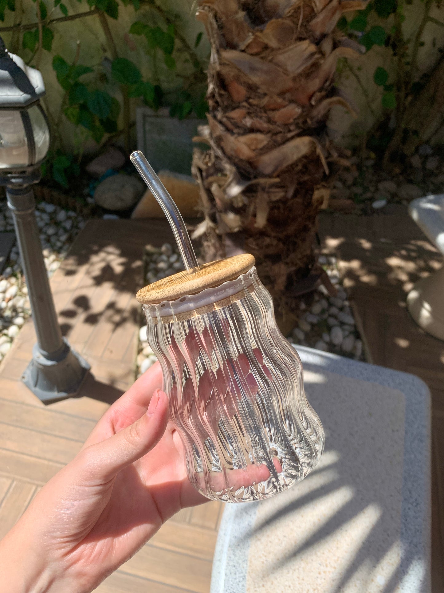 Wavy Glass Tumbler with Bamboo Lid & Glass Straw